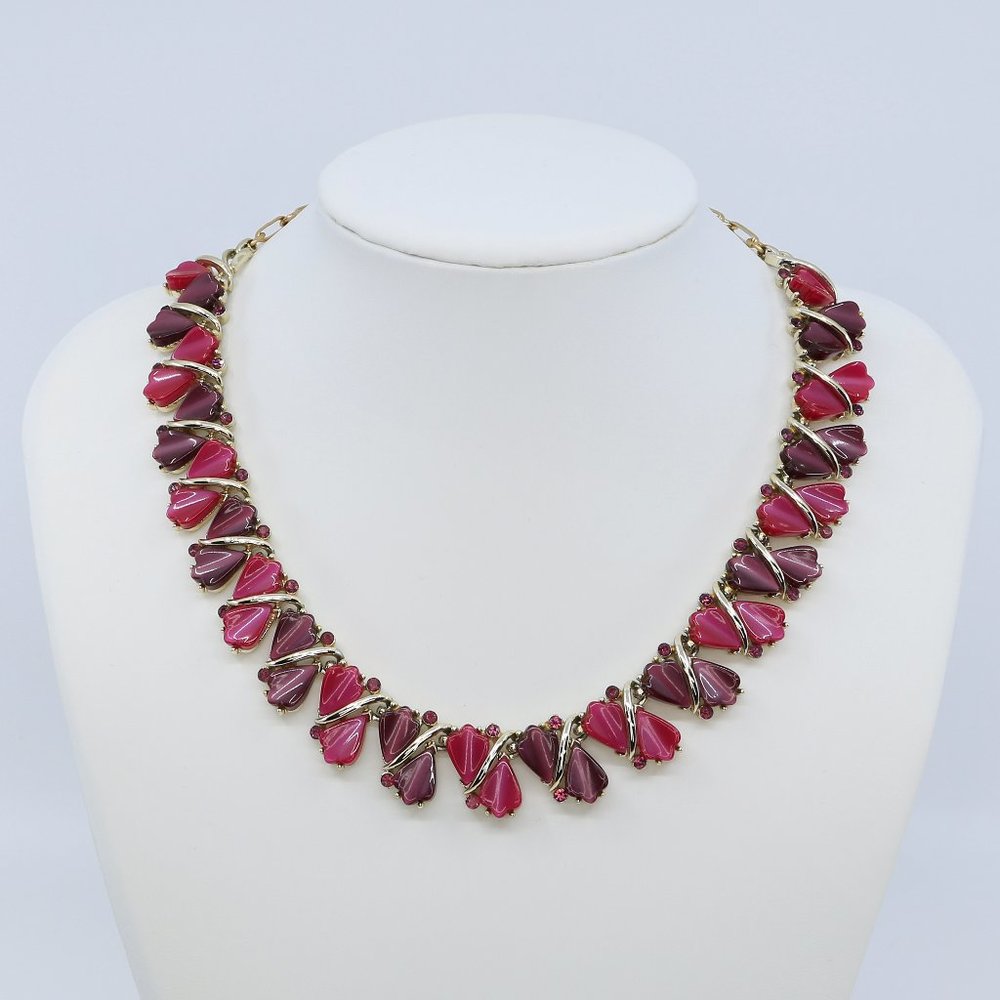 Vintage Coro Moonray Lucite Fuchsia and Purple Leaves With Rhinestones Necklace